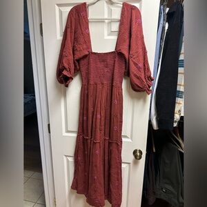 Free People Dahlia Embroidered Dress. Burgundy, size small
